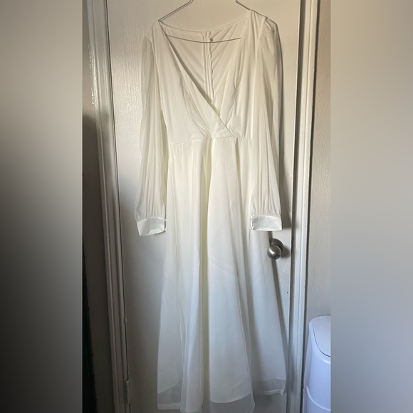 Joyfunear Solid Mesh V-Neck Elegant White Long Sleeve Dress - Picture 3 of 4